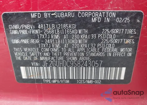 2025 Subaru Crosstrek Premium z USA, uszkodzony, nr VIN JF2GUHDC9S8243057